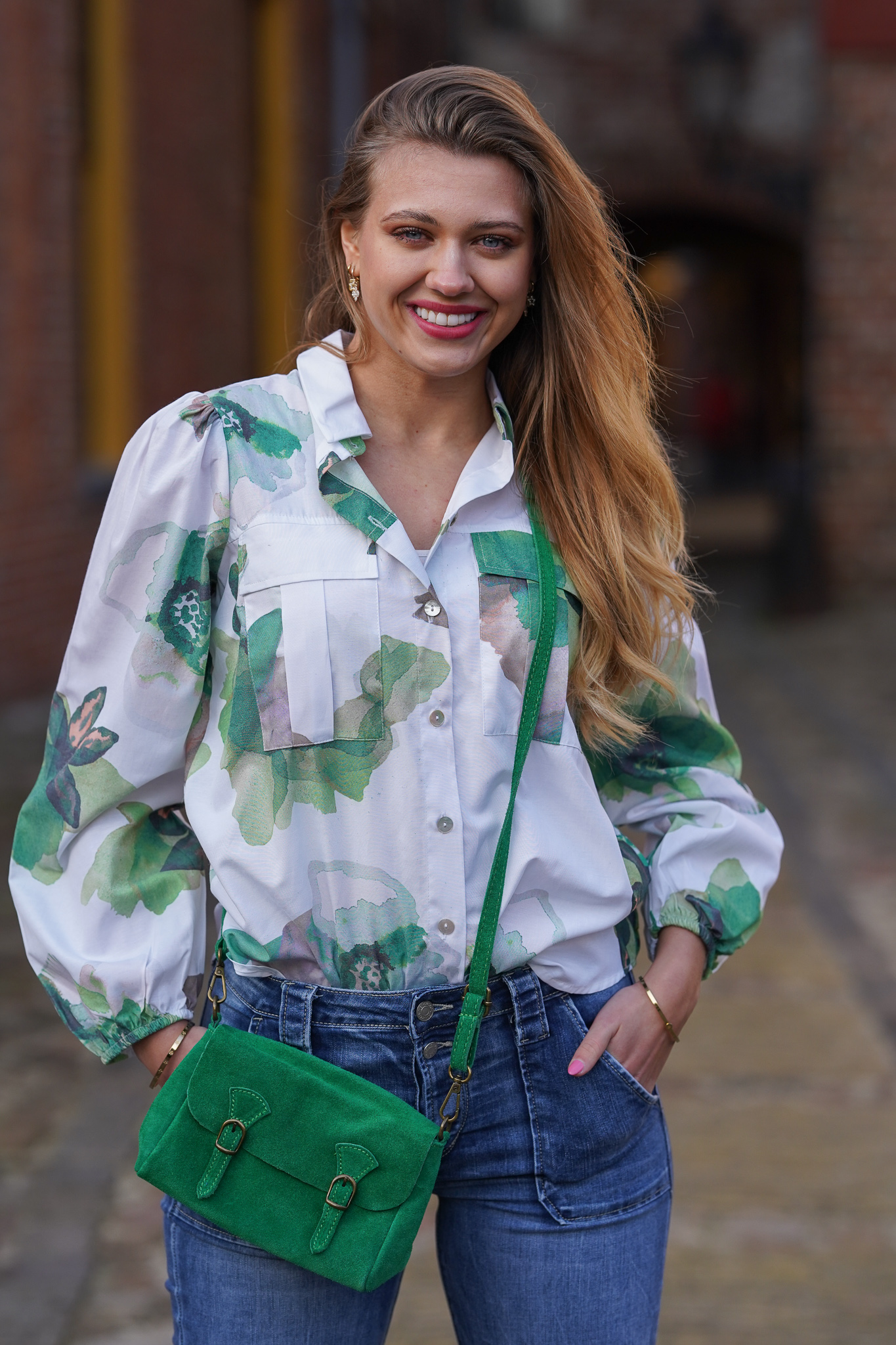Blouse Sisters Point Maza white green met grote - wit/groen Muts