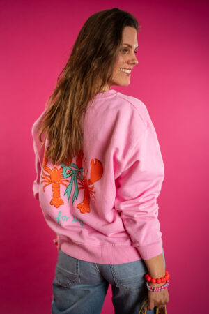 rose-sweatshirt-wijd-oranje-kreeften-print-rug-ronde-hals-sweaters-rose-muts-fashion-groningen
